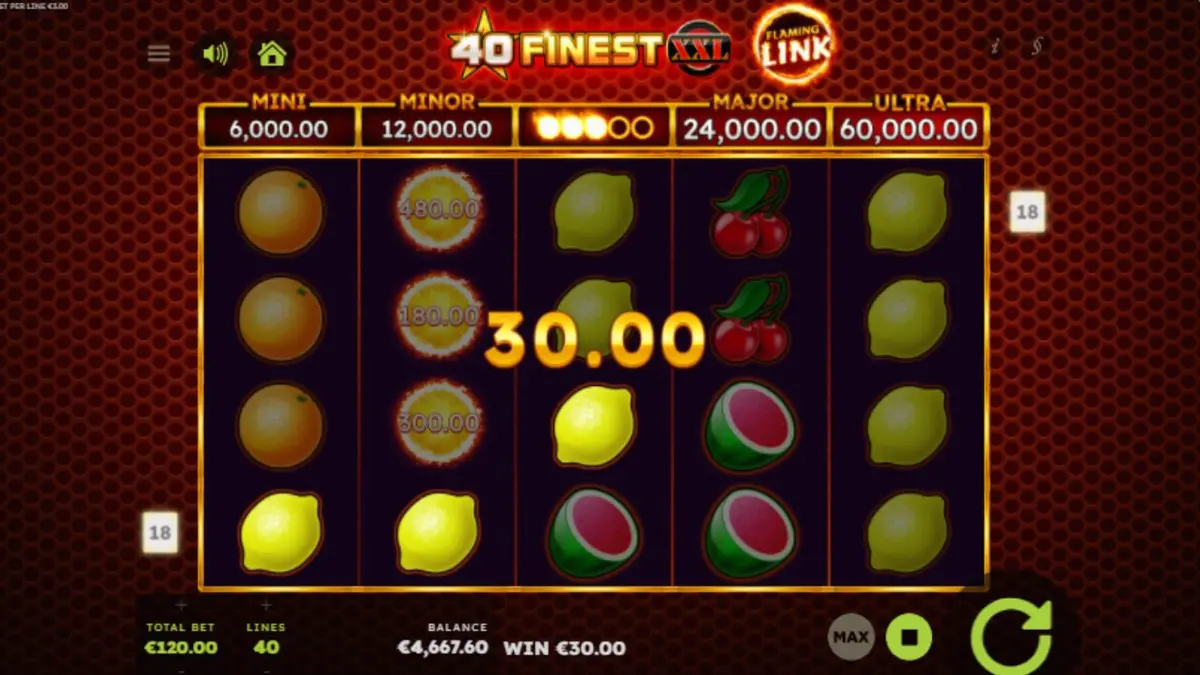 Interface vibrante e cheia de neon do slot 40 Finest XXL Flaming Link com símbolos de frutas e fogo.